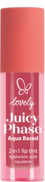 lovely Juicy Phase Aqua Based 2 in 1 lip tint z kwasem hialuronowym i skwalanem, różowa butelka, widok z przodu.