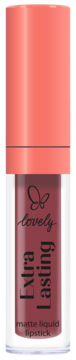 Płynna matowa pomadka Lovely Extra Lasting, odcień zgaszonego różu, z przezroczystą butelką i koralową nakrętką.