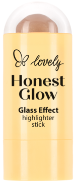 Lovely Honest Glow Glass Effect highlighter stick w żółtej obudowie, z widocznym beżowym sztyftem pod przezroczystą nakrętką, widok z przodu.