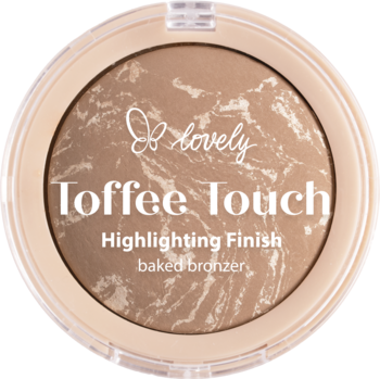 Okrągły bronzer lovely Toffee Touch, rozświetlający baked bronzer z marmurkowym wzorem w jasnobeżowym opakowaniu.