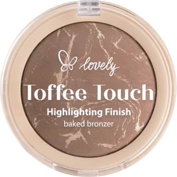 Okrągły bronzer Lovely Toffee Touch, Highlighting Finish baked bronzer, w beżowym kompakcie z marmurkowym wzorem.