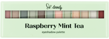 Jasnozielona paleta Lovely Raspberry Mint Tea z 18 cieniami w odcieniach nude, różu, zieleni, widok z góry.