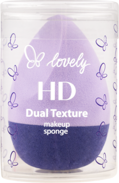 Lovely HD Dual Texture fioletowa gąbka do makijażu w kształcie łzy, w przezroczystej tubie, widok z przodu.