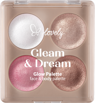 Otwarta paleta Lovely Gleam & Dream Glow z 4 rozświetlaczami: srebrny, szampański, różowy, brązowy do twarzy i ciała.