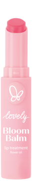 Różowy Bloom Balm Lovely, nawilżająca pomadka do ust z olejkiem kwiatowym, wysunięta, widok z przodu.