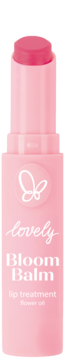 Różowy balsam do ust Lovely Bloom Balm, z wysuniętym różowym sztyftem, logo motyla i napisem 'lip treatment'.