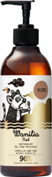 Yope Vanilla Oud naturalny żel pod prysznic w brązowej butelce z pompką, z kremową etykietą i grafiką.