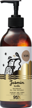 YOPE Jaśmin & Tonka naturalny żel pod prysznic, bursztynowa butelka z czarną pompką, złota etykieta z ptakiem.