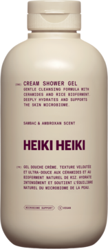 HEIKI HEIKI Cream Shower Gel, beżowa butelka z fioletowym tekstem, przód, formuła z ceramidami i biofermentem ryżowym.