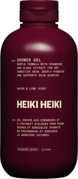 HEIKI HEIKI Żel pod prysznic Shiso & Lime. Burgundowa butelka z białym tekstem, widok z przodu. Zawiera ceramidy.