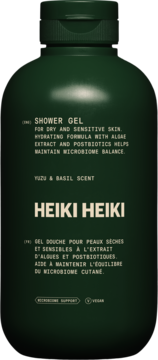 HEIKI HEIKI żel pod prysznic dla skóry suchej i wrażliwej, ciemnozielona butelka, Yuzu & Basil, przód.