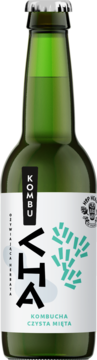 Zielona szklana butelka Kombucha Czysta Mięta z białą etykietą i srebrną zakrętką, widok z przodu.