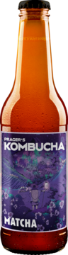 Prager's Kombucha Matcha, fermentowany napój bezalkoholowy w brązowej butelce z purpurową etykietą.