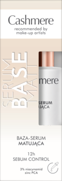Cashmere Baza-Serum Matująca z niacinamidem, białe opakowanie z butelką, widok z przodu.