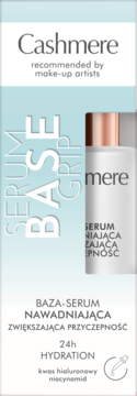 Cashmere Baza-Serum Nawadniająca, primer nawilżający z kwasem hialuronowym i niacynamidem, w biało-niebieskim pudełku.