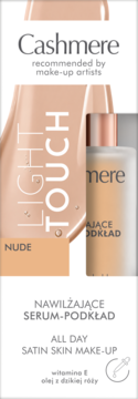 Cashmere Light Touch Nude Nawilżające Serum-Podkład. Butelka z pipetą, witaminą E, olejkiem z dzikiej róży.