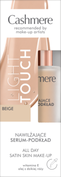 Cashmere Light Touch nawilżający serum-podkład. Beżowa, kremowa konsystencja na tle białego opakowania, widok z przodu