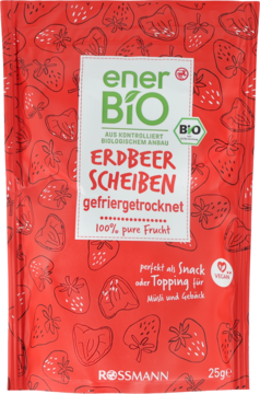 Czerwone opakowanie enerBiO, liofilizowane plastry truskawek, 25g. Rossmann, bio, idealne jako snack lub dodatek.
