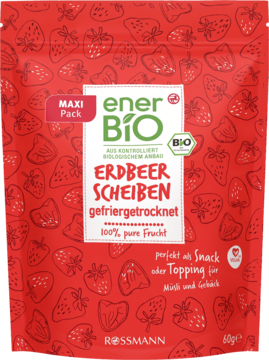 Czerwona torebka enerBiO truskawek liofilizowanych, MAXI Pack 60g, z białym napisem i zielonym logo, widok z przodu.