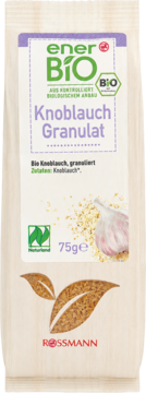 enerBiO Knoblauch Granulat, 75g, w beżowej torebce z fioletową etykietą, grafiką czosnku i BIO logo.
