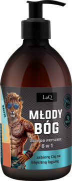 LaQ Młody Bóg 8w1 żel pod prysznic, brązowa butelka z czarną pompką, lampart w okularach na etykiecie.