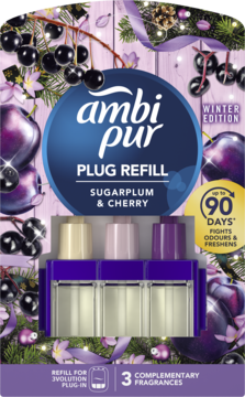 Ambi Pur 3Volution plug refill Sugarplum & Cherry Winter Edition, fioletowe opakowanie z owocami, widok z przodu.