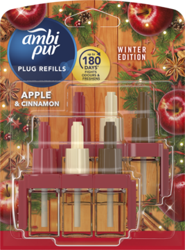 Ambi Pur 3Volution Apple & Cinnamon Winter Edition, 4 wkłady do odświeżacza, w blistrze, na tle jabłek.