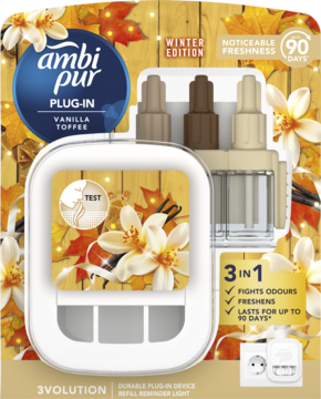 Ambi Pur 3Volution Vanilla Toffee Winter Edition elektryczny odświeżacz powietrza, trzy wkłady, widok z przodu.