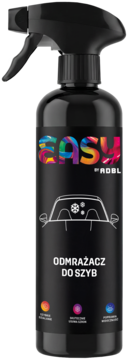 Czarna butelka ADBL Easy spray odmrażacza do szyb, kolorowe logo, rysunek auta na etykiecie, widok z przodu.