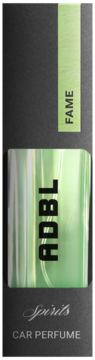ADBL Spirits Fame Car Perfume w czarnym, prostokątnym pudełku z zielonymi błyszczącymi paskami i napisami ADBL i Fame.