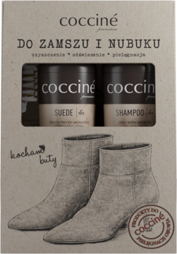 Zestaw Coccine do zamszu i nubuku, beżowe pudełko z butelkami Suede, Shampoo i ilustracją botków.