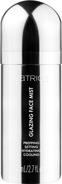 Srebrna, lśniąca butelka Catrice Glazing Face Mist. Opis: prepping, setting, hydrating, cooling. Widok z przodu.
