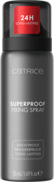Catrice Superproof Fixing Spray 50ml, szara butelka, czerwony napis 24H, sweatproof, z przodu.