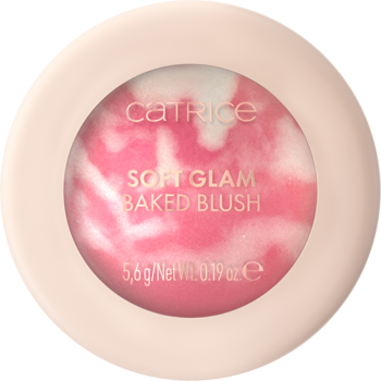 Catrice Soft Glam Baked Blush w okrągłej puderniczce, różowo-biały marmurkowy róż do policzków, widok z góry.