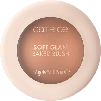 Catrice Soft Glam Baked Blush w okrągłym, jasnym opakowaniu, z góry. Ciepły brzoskwiniowy róż wypiekany z delikatnym połyskiem.