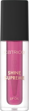 Catrice Shine Supreme Lip Oil, przezroczysta tubka z fuksjowym płynem, czarna nakrętka, złoty napis, widok z przodu.