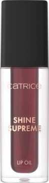 Catrice Shine Supreme Lip Oil w przezroczystej butelce z czarną nakrętką, ciemnoczerwony płyn, widok z przodu.
