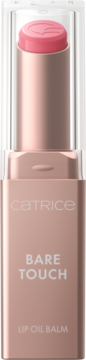 Catrice Bare Touch Lip Oil Balm, różowy sztyft, w rose gold opakowaniu z przezroczystą zatyczką, widok z przodu.