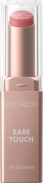 Catrice BARE TOUCH LIP OIL BALM w błyszczącej, różowo-złotej tubce z widoczną różową szminką pod przezroczystą nakrętką.