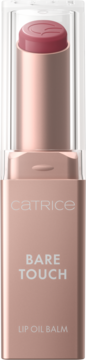 Catrice Bare Touch Lip Oil Balm w różowozłotej tubce z odsłoniętym różowym sztyftem, logo C, widok z przodu.