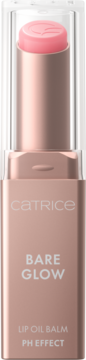 Catrice BARE GLOW LIP OIL BALM PH EFFECT w różowo-złotym opakowaniu, z wysuniętym różowym sztyftem, widok z przodu.