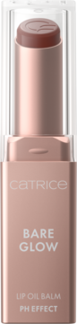 Catrice BARE GLOW Lip Oil Balm PH Effect w beżowej tubce, z brązowym sztyftem i przezroczystą nakrętką, widok z przodu.