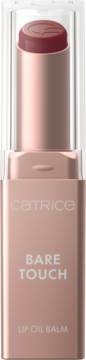 Catrice Bare Touch Lip Oil Balm w różowo-złotej tubce z przezroczystą zatyczką i bordowym sztyftem. Widok z przodu.