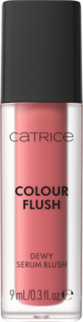Catrice Colour Flush Dewy Serum Blush w przezroczystej butelce z różowym płynem i czarną nakrętką, widok z przodu.