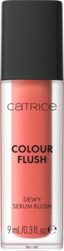 Róż Catrice Colour Flush Dewy Serum Blush w przezroczystej butelce z koralowym płynem, widok z przodu.