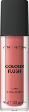 Catrice Colour Flush Dewy Serum Blush 9ml, róż w płynie w prostokątnej butelce z czarną zakrętką, widok z przodu.