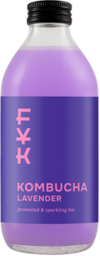 Szklana butelka FOREVER YOUNG KOMBUCHA Lavender, lawendowy napój, fioletowa etykieta, widok z przodu.