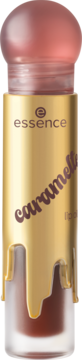 essence caramelted 01 Drippin’ In Caramel, złoty olejek do ust z karmelowymi zaciekami i różową nakrętką.
