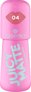 Różowy mus do ust Essence Juicy Matte 04 Dreamy Blossoms, matowa butelka z blado-niebieskim napisem, widok z przodu.