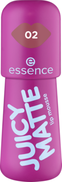 essence JUICY MATTE Lip Mousse 02. Magenta butelka, grafika ust w kolorze brudnego różu, matujący. Widok.